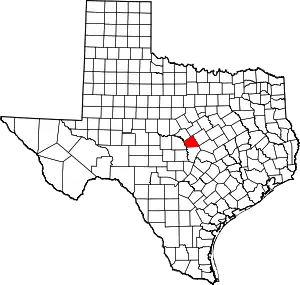 Map of Texas highlighting Lampasas County