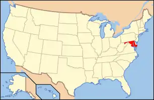 A map of the United states, Maryland shown in red on the right.