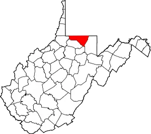 State map highlighting Monongalia County