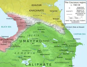 Geophysical map of the Caucasus region with major settlements and regions, overlaid with green for Umayyad territory, yellow for Khazar territory, and red for Byzantine territory