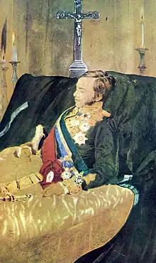 The marquis lying in state on a bed draped in black crepe with silver crucifix in the background and wearing full dress uniform with sashes of office, medals of various orders, and sword