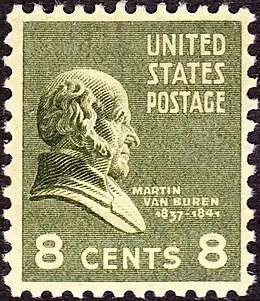 Historical 8-cent stamp with Van Buren's profile.