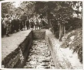 Liberated foreign Protestant, Catholic and Jewish chaplains conduct funeral services for the reburial of 71 political prisoners, exhumed from a mass grave near Solingen, Germany, in front of the city hall, May 1945