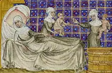 The Birth of Esau and Jacob (illumination by Master of Jean de Mandeville, Paris, from a Bible Historiale c. 1360–1370)