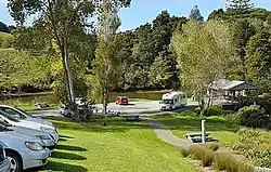 Matakana Wharf Reserve and Matakana River viewed from the village junction.