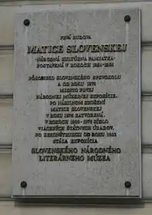 Matica slovenska memorial tablet at first building of Slovak Matice