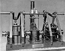 Model of a marine oscillating steam engine designed by Joseph Maudslay, clearly showing how the cylinders pivot on the trunnions, through which the steam is passed.