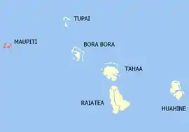 Location of the commune (in red) within the Leeward Islands. The atolls of Maupiha'a (Mopelia), Manua'e (Scilly), and Motu One (Bellinghausen) lie outside of the map.