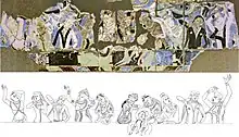 Mural of the Mourning of the Buddha, with various figures in ethnic costumes. Maya Cave, 224. The second figure from the right is thought to be a Turk.