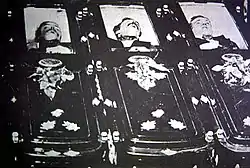 Tom McLaury, Frank McLaury, and Billy Clanton in their caskets (left to right) after the gunfight at the O.K. Corral. This is the only known photo of 19-year-old Billy.