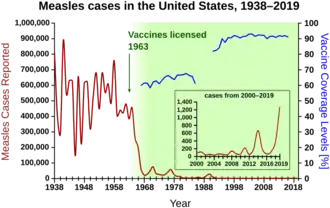 Measles cases 1938-1964 follow a highly variable epidemic pattern, with 150,000-850,000 cases per year. A sharp decline followed introduction of the vaccine in 1963, with fewer than 25,000 cases reported in 1968. Outbreaks around 1971 and 1977 gave 75,000 and 57,000 cases, respectively. Cases were stable at a few thousand per year until an outbreak of 28,000 in 1990. Cases declined from a few hundred per year in the early 1990s to a few dozen in the 2000s.