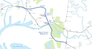 A map showing the route of the Melbourne Metro tunnel heading through the CBD