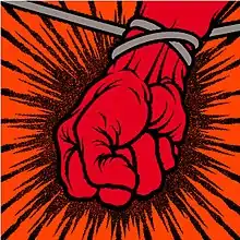 An orange background with a red clenched fist caught in a rope.