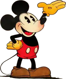 A smiling cartoon mouse with round ears, red shorts with white buttons, gloves, and round shoes.