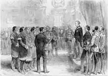 Grand Chief Jacques-Pierre Peminuit Paul (3rd from left with beard) meets Governor General of Canada, Marquess of Lorne, Red Chamber, Province House, Halifax, Nova Scotia, 1879.