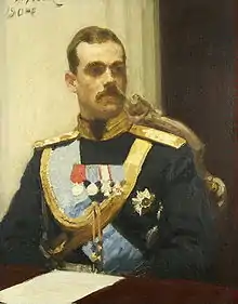 Sketch in oils of Michael: a brown-haired man with a moustache wearing a military uniform and medals sitting at a table with a sheet of paper in front of him