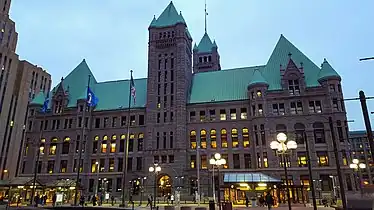 Station lighting at dusk.