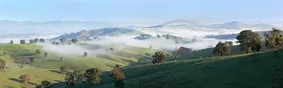 Early morning mist, taken from south-east of township, facing towards it