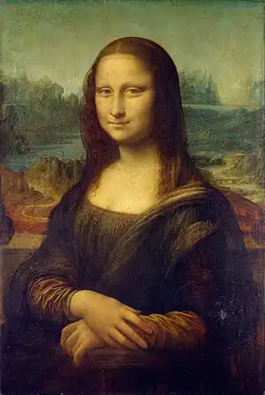 Mona Lisa, by Leonardo da Vinci, c. 1503 – 1506, perhaps continuing until circa 1517, oil on poplar panel, 77 cm × 53 cm, Louvre (Paris)