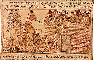 The Mongols besieging a city in the Middle East. The black banner can be seen behind the trebuchet, early 14th-century miniature from a ms. of Rashid al-Din's   "History of the World" (Edinburgh University Library)