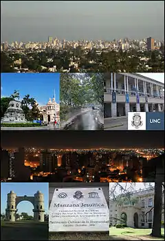 Cityscape taken from Naciones Park, San Martin Square, La Cañada Glen, Argentina Pavilion from National University of Córdoba, Cityscape at night taken from Nueva Cordoba neighborhood, Arch of Córdoba, Plaque commemorating the designation of the Jesuit block as World Heritage Site in 2000, Evita Fine Arts Museum