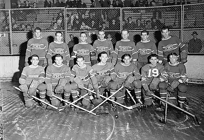 Two rows of seven hockey players pose while on the ice. A small group of fans observe in the background.