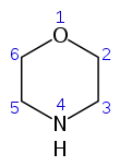 numbered skeletal formula of the morpholine molecule