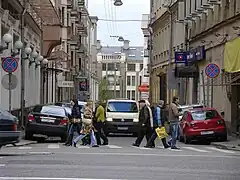 Overspill parking on the sidewalk in Moscow, Russia