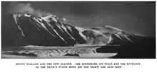 black and white image from a book showing mount England and the new Glacier. The minnehara ice falls and the entrance to a certain "Devils punch bowl" are seen.