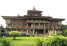 Indonesia Museum in TMII with elaborate Balinese architecture applied on large structure.