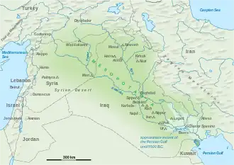 Map depicting ancient Mesopotamian region overlaid with modern landmarks in Iraq and Syria.