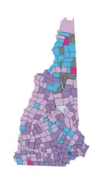 Image 31Largest reported ancestry groups in New Hampshire by town as of 2013. Dark purple indicates Irish, light purple English, pink French, turquoise French Canadian, dark blue Italian, and light blue German. Gray indicates townships with no reported data. (from New Hampshire)