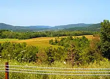 In the foreground is a small cluster of trees that has built up alongside NY 22. Beyond those is a large cultivated field; even farther out is a dense forest. In the distance is an area of lowlands surrounded by forests and bisected by a narrow, winding waterway. Two large mountain ranges are barely visible in the far-off distance.