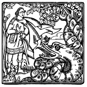 Image 50Engraving of a fairy tale scene, featuring Prince Charming (Făt-Frumos) and a dragon (zmeu). (from Culture of Romania)