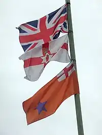 The Boyne Standard flying alongside the Union Jack and the Ulster Banner.