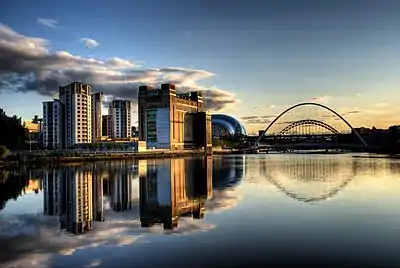 Picture of Newcastle and Gateshead Quayside. The Sage, Millennium Bridge and Baltic are visible. The conversion of the Baltic Flour Mills was part of the wider regeneration of Gateshead in the 1990s.