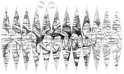 19th century map of Mars in flat printed gores, to be wrapped around a globe.