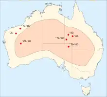 Sighted in western central Australia 4 times in total twice in 1979–1980, 1990, and 2006. Sighted 3 times in total in northern West Australia twice in 1979–1980, and in 2005