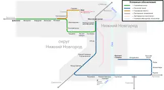 Orange line is Sormovskaya; blue line is Priokskaya; grey lines is not included in the Urban Electric Train; light-red line is Line 1 of metro; light-blue line is Line 2 of metro