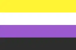 Non-binary pride flag, made up of four horizontal stripes, which are, from top to bottom, yellow, white, purple, and black.