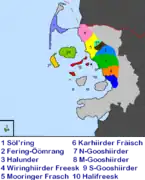 North Frisian map of the North Frisian dialects (1-Sylt, 2a-Föhr, 2b-Amrum)