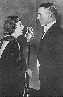 Image 13Naomi ("Joan") Melwit and Norman Banks at the 3KZ microphone, in the late 1930s (from History of broadcasting)