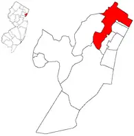 Location of North Bergen in Hudson County highlighted in red (right). Inset map: Location of Hudson County in New Jersey highlighted in orange (left).