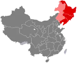 A map of China in which the provinces Liaoning, Jilin, and Heilongjiang are highlighted in red and Inner Mongolia in pink