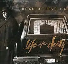 Biggie Smalls (wearing a long black coat and a black bowler hat) is seen standing next to a funeral  motorcade. The album's title "Life after death" is painted on the motorcade's trunk. It's license plate bears the name "B.I.G." on it.