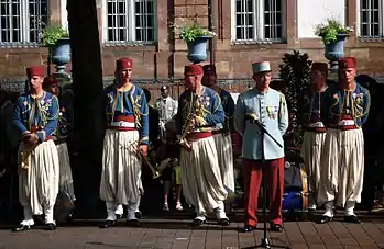 1st Tirailleurs of Épinal regiment displaying late 19th century uniforms for Bastille Day in Strasbourg.