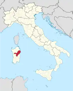 Map highlighting the location of the province of Nuoro in Sardinia