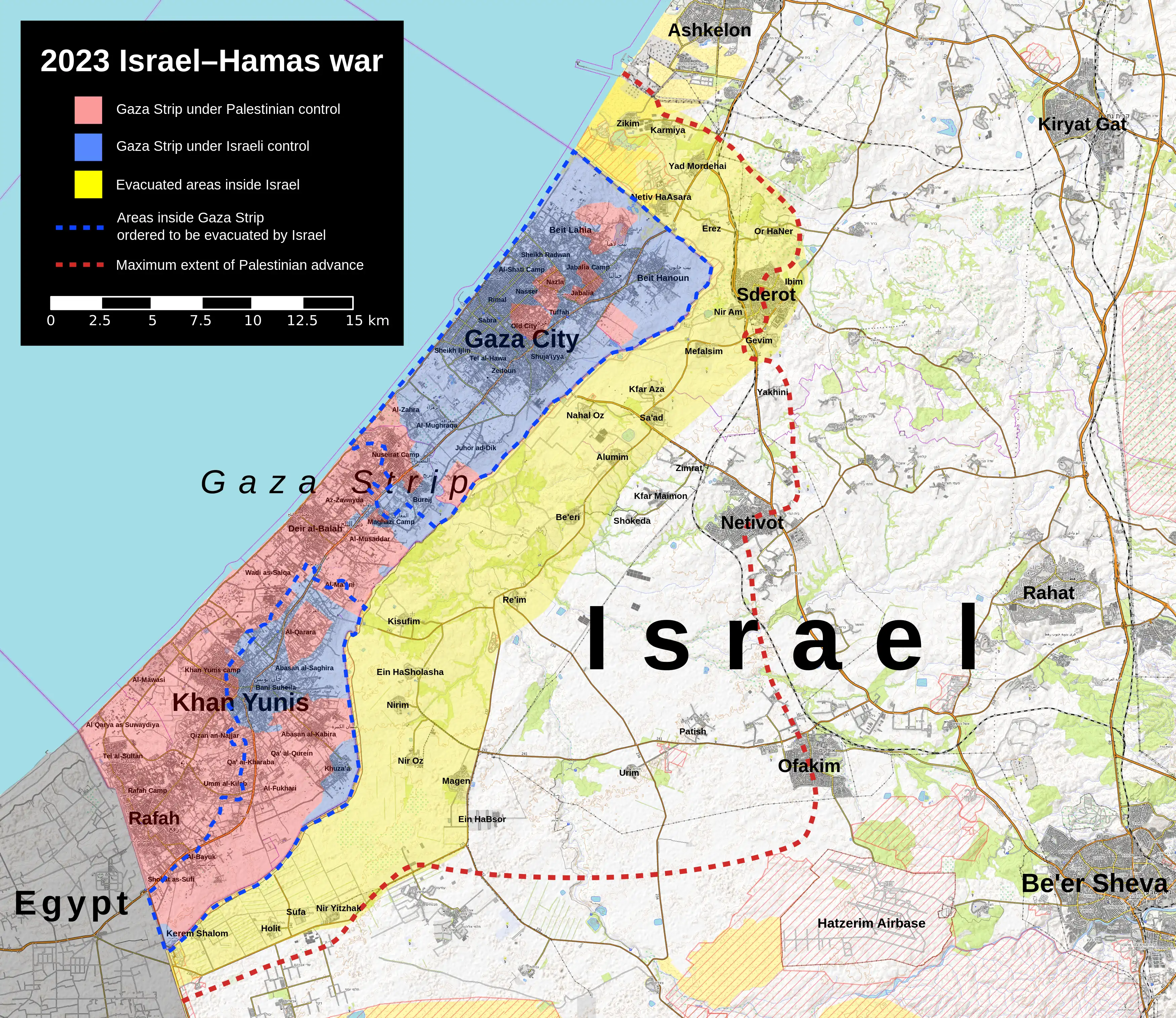 Map of the Gaza Strip and part of Israel. The part of Israel surrounding the Strip is marked as evacuated. Some parts of the Strip is marked as under Israeli control, and the remainder is marked as under Hamas control.