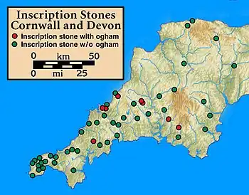 Image 4A map of inscription stones, with and without Ogham inscriptions. (from History of Cornwall)