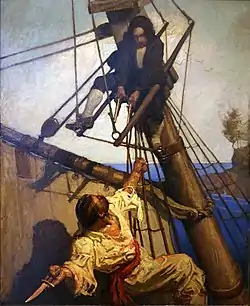 A young man seated on the cross trees of a pirate ship presses against its mast while pointing pistols at an approaching assailant, who brandishes a dagger behind his back.